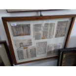Framed medieval scripture fragments circa 1300 to 1500, glazed and framed 61cm x 51cm.