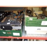 4 boxes of tools including lathe pats, cutting tools, brace and bit drills, torches, inspection