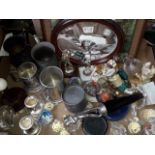 Box of ornaments, pewter mugs etc.