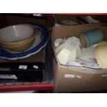 2 boxes of pottery, 2 mixing bowls and a blue and white bowl