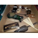 Tray of collectables inc. fans, model cars, whistles and small brass fishing reel