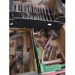 3 boxes of wood related tools - rebate planes, wooden mallet, planes etc