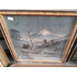 Japanese silk embroidery depicting Mount Fuji, framed 65cm x 65cm.