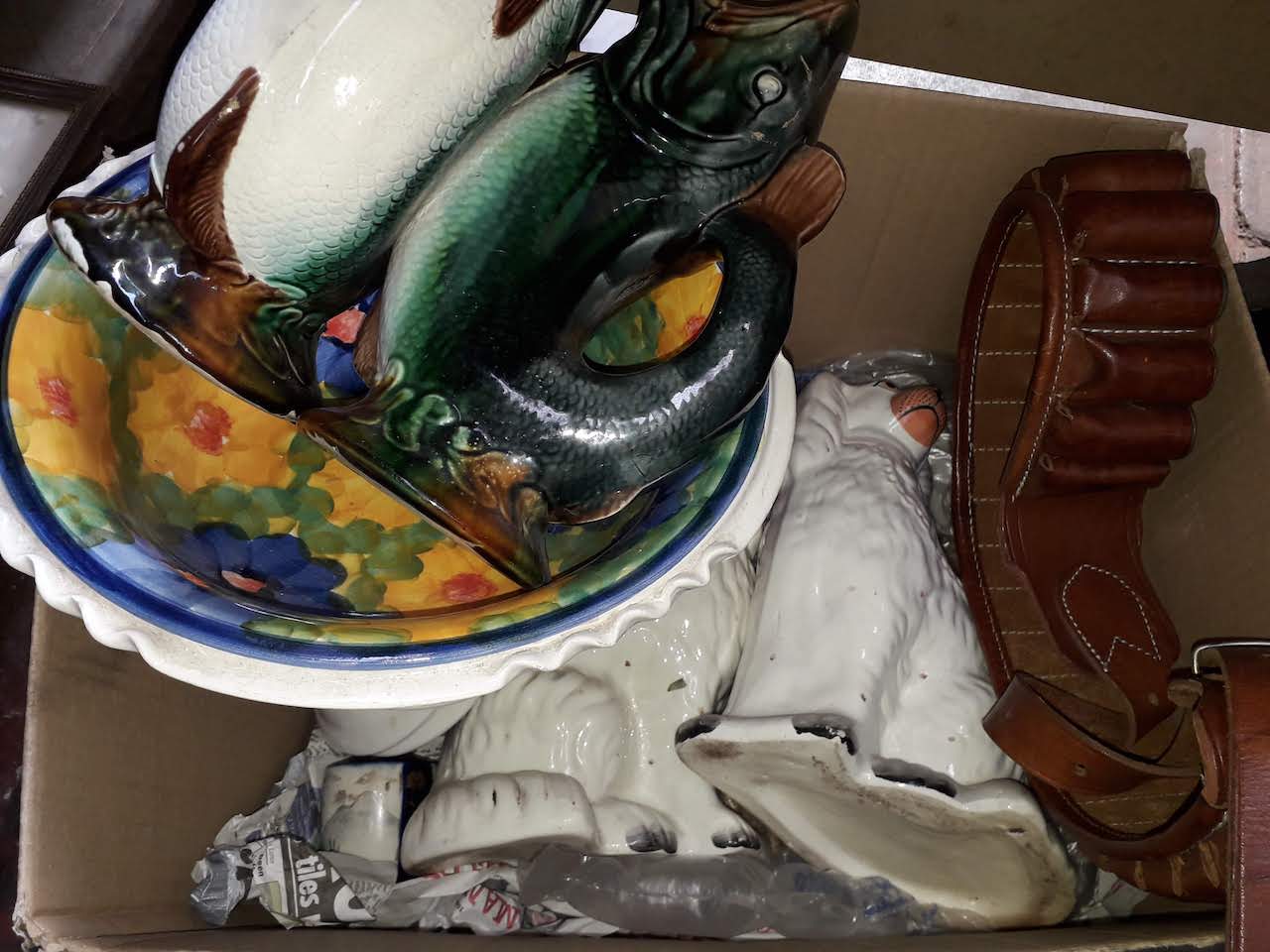 A mixed lot including a pair of Staffordshire pot dogs, an ammo belt, a Japanese vase, other