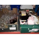 A box of glassware and a box of mixed pottery, ornaments, table lamp etc