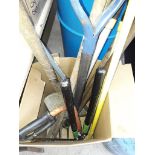 A box of garden tools including heavy duty loppers