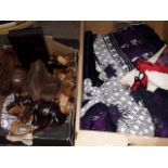 Box of carved wooden animals etc. and a box of scarves