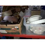 A box of mixed items including large planes, brassware, cameras, mobile phones, etc and a box of