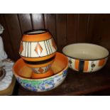 Clarice Cliff Bizarre vase (broken) and two Myott Art Deco bowls