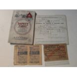Quantity of motoring memorabilia, 100 years old driving licence + Wills cigarette album from 1920's.