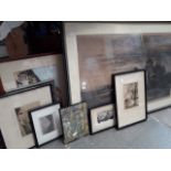 A quantity of prints and pictures including one original watercolour, a large engraving after Leader