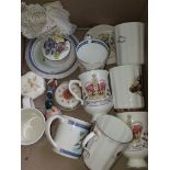 Box of commemorative china mugs etc.