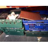 10 stackable crates and a plastic tub of misc bric a brac and household items