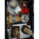 A box of misc. pots, vases, dishes, also empty perfume bottles, Channel, Estee Lauder, egg cups etc.