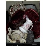 A mixed box to include collectors plates, metal dish and other metalware, jug, animal figures, etc