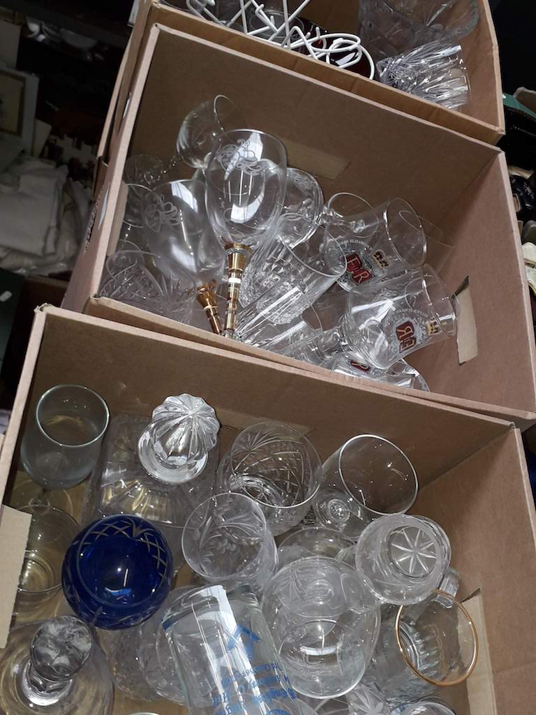Three boxes of glassware