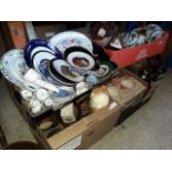 Five boxes of various ceramics, glass, bric a brac and two warming pans.