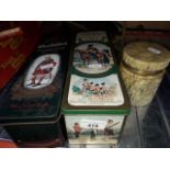 Two whisky tins one with stationary inside, and a Troika? lidded pot