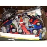 A box of toys with vintage card game, Transformer model, Postman Pat Corgi van, Babe the pig