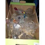A box of glassware including glass bell, vases etc
