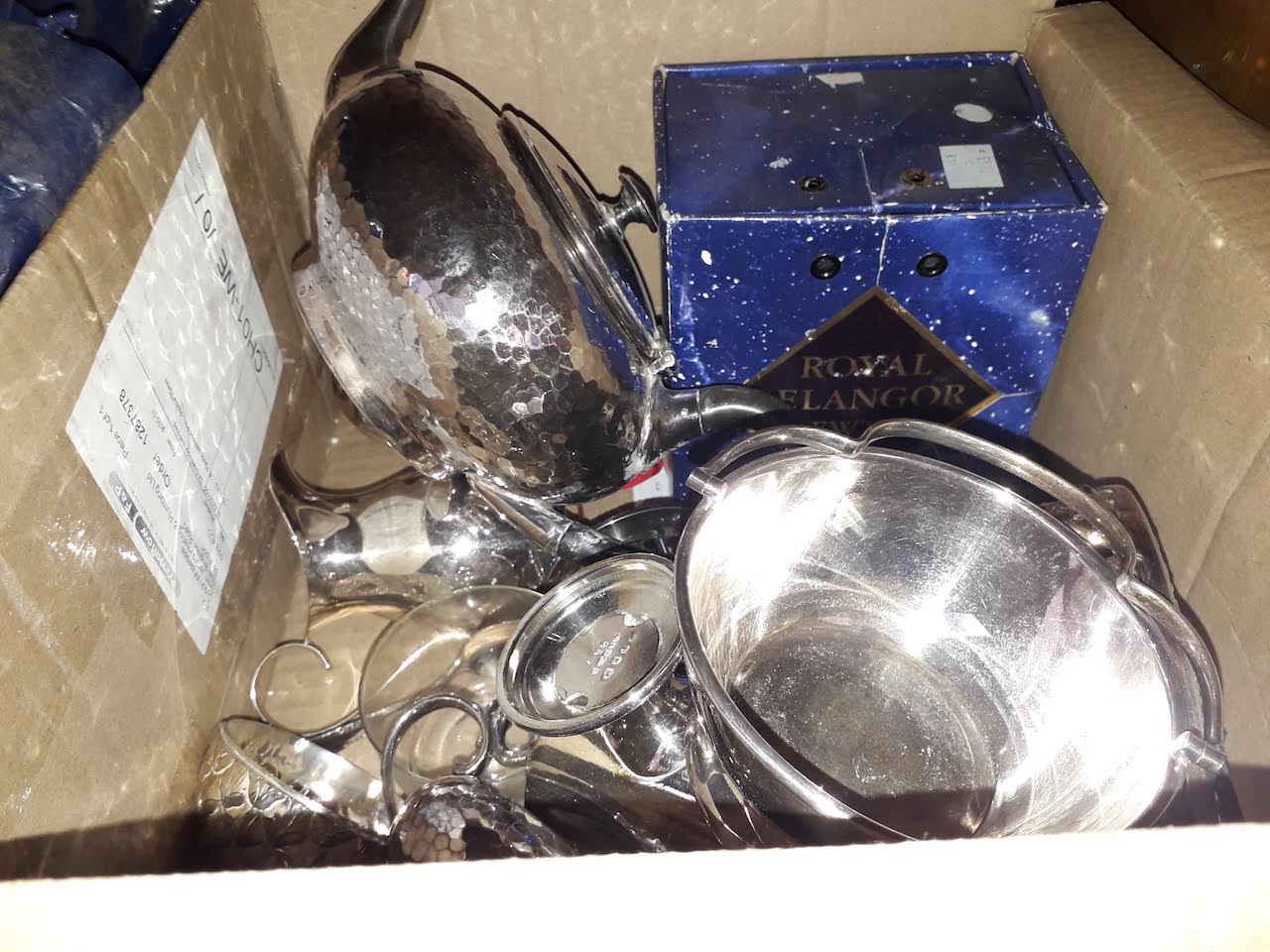 A box of plated ware including hand hammered