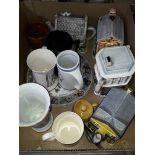 A box of novelty tea pots, Royal Daulton plates, drinking tankards and Wedgewood etc