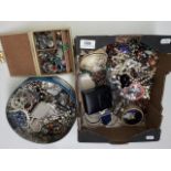 Box of costume jewellery, tin of costume jewellery and jewellery box and contents