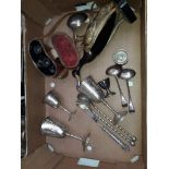 Box of plated goblets etc. inc. a pair of Carl Shultz binoculars in leather case