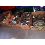 4 boxes of plated ware, stainless steel, brassware etc including outdoor carriage style lamp