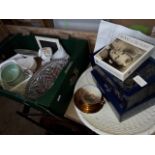 A box of ceramics and glass with Aynsley, Royal Winton, etc together with books, cds and large white