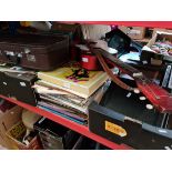 A quantity of musical items including a small acoustic guitar, various records, music books, cds,