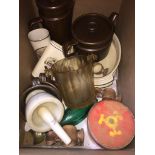 A box of misc pottery, glass, pestle and mortar, etc.