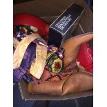 A box of misc to include handbags, ties, small quantity of costume jewellery, cowboy boots,