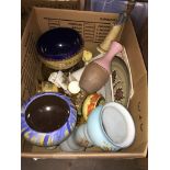 A box of mixed ceramics including Royal Doulton Lambeth ware, vases, glass vase, figurine etc
