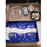 6 boxed Bushmills whiskey glasses and a box of pin dishes to include Moorcroft, Wedgewood, limoges