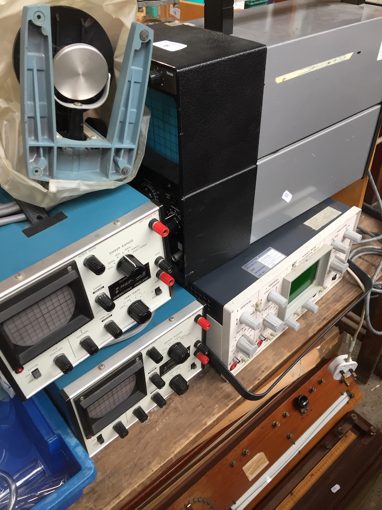 A Telequipment D61A oscilloscope, a Griffin double beam oscilloscope and 2 others.