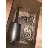 A box of brassware including an antique fireplace brass rotating bottle jack by John Linwood.