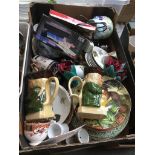 A box of mixed ceramics including Midwinter teaware, Wedgwood and other collectors plates, a pair of