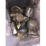 A crate of metalware - mainly epns teapots, water jugs etc