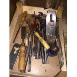 A small wood box of tools inc Record 4 plane, chisels, etc.