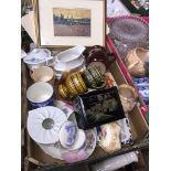 A mixed box to include trinket dishes, carnival glass, jars, and a pair of Monet prints