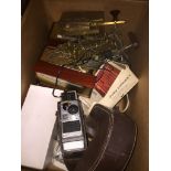 A box of misc scientific instruments to include telegraph keys, alarm barometers and a Bell and
