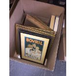 A box of prints and advertising prints for Bovril + few books.