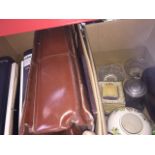 2 boxes of misc to include pottery, glass, pewter tankard, leather briefcase, books, etc.