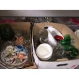 Two mixed boxes containing drinking glasses (some coloured), collectors plates, carriage clock,