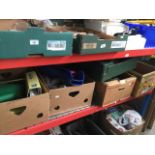 5 boxes of misc including hoist chain, torches, cables, extension lead, watering can, leaf