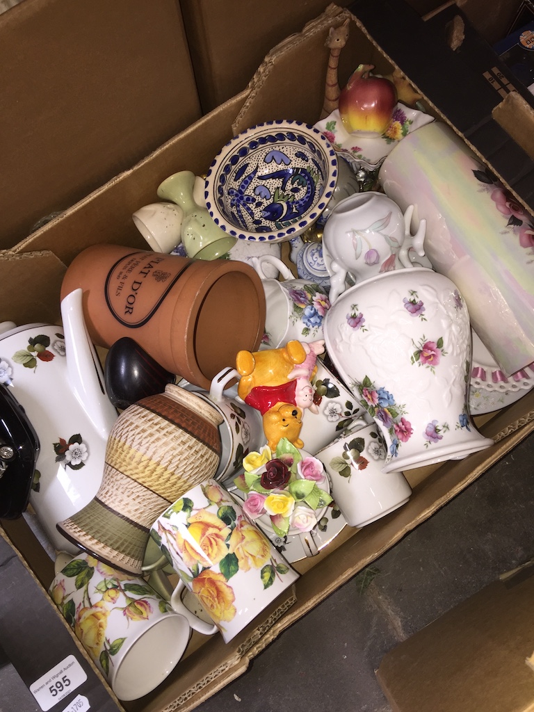 A box of ceramics etc including wine cooler and studio pottery egg cups