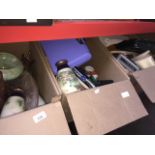 3 boxes of misc to include handbags, radio, tape player, shoes, pottery, glass, vases, body toner,