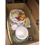 A box of various ceramics to include Cornish ware, Sylvac and a Midwinter cake stand etc.