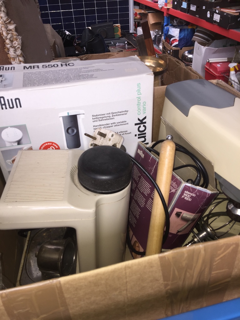 A box of misc to include a coffee machine, Braun multiquick food processor, Kenwood Chef food